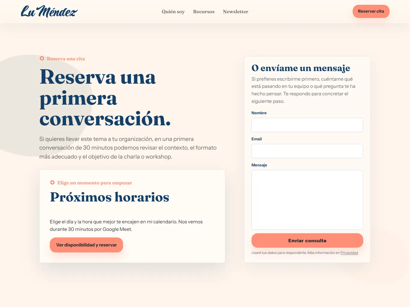 Contacto de la web de Lu Méndez, con reserva de cita y formulario